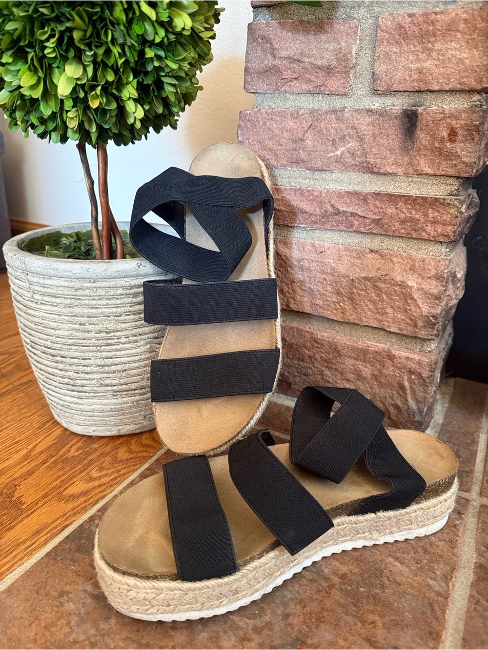 Black Elastic Espadrille Platform Sandals for Women